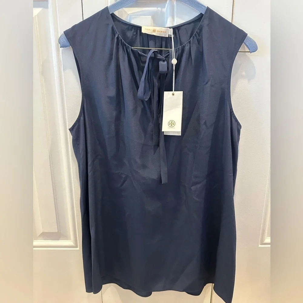 Tory Burch Jess Silk Tie-Neck Sleeveless Top size 2 in Navy Blue NWT